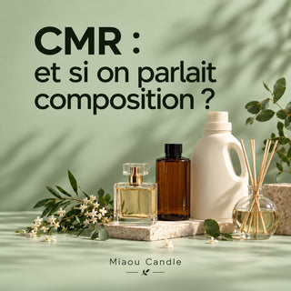 CMR : et si on parlait composition ? Produits parfumés sur fond vert sauge, Miaou Candle.