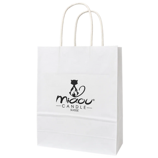 Sac cadeau blanc Miaou Candle, vue de face avec logo, 18 × 8 × 23 cm